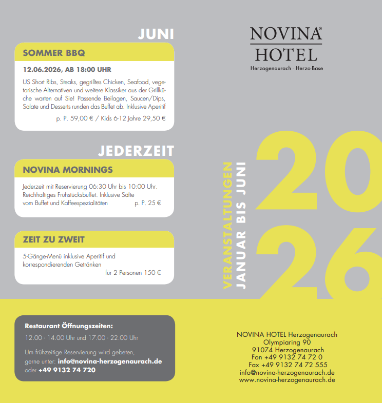 Gelbes und graues Veranstaltungsplakat mit Speisenangeboten und Hotelinformationen